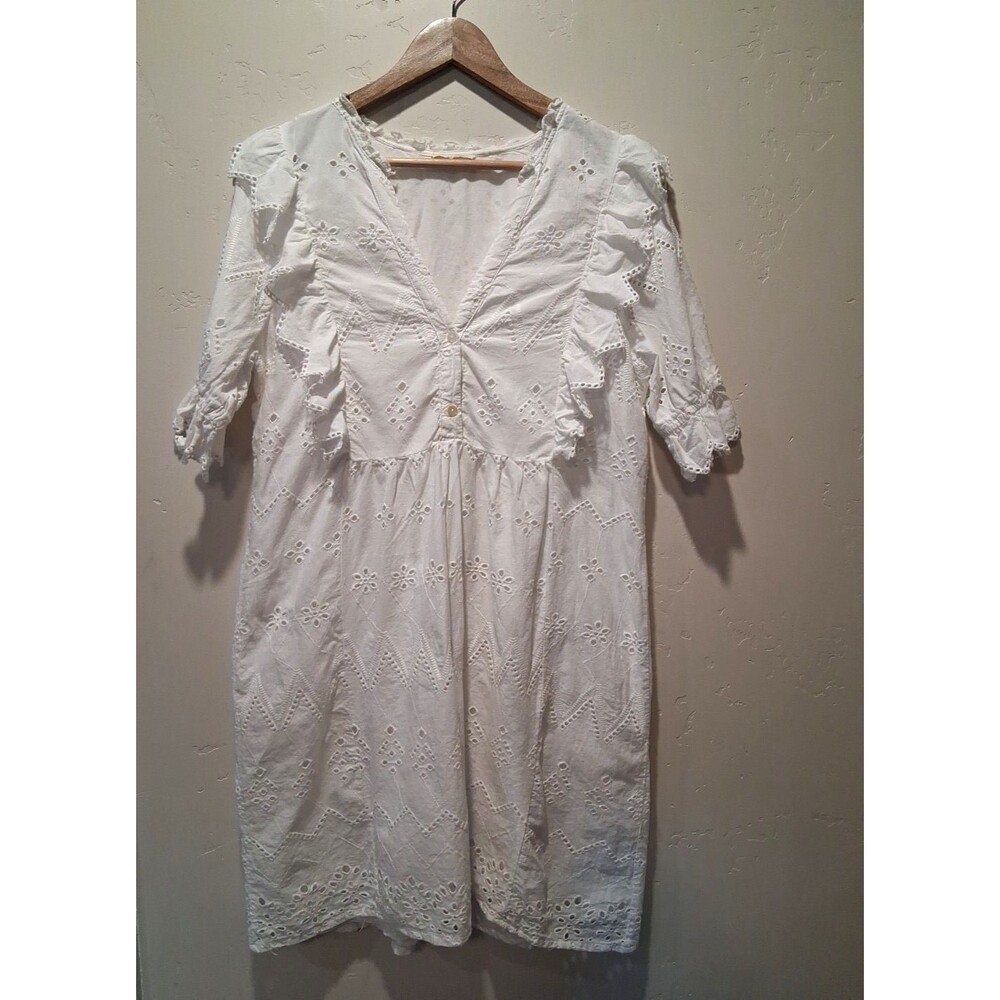 Jennifer & Grace Est Sz L White Eyelet Lace Embroidery Elbow Slv Boho Mini Dress